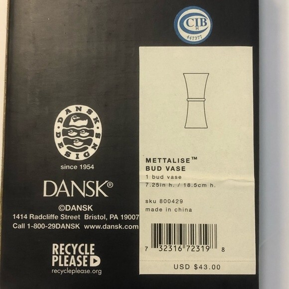 DANSK NIB Metallise Bud Vase 7.25" White Bronze Brown Band Crackle Flowers - Picture 3 of 10